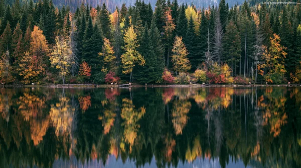 紅葉が混ざる針葉樹林と湖の壁紙 - 自然・風景