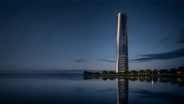 夜の水面に映る一本の高層ビル - ブルー フルHD - 建築・都市の壁紙