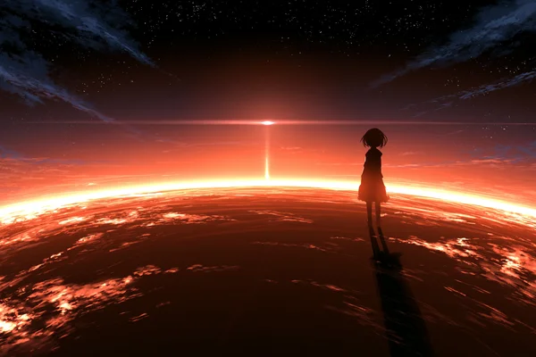 惑星の地平に立つ人影 - ファンタジー・宇宙の壁紙