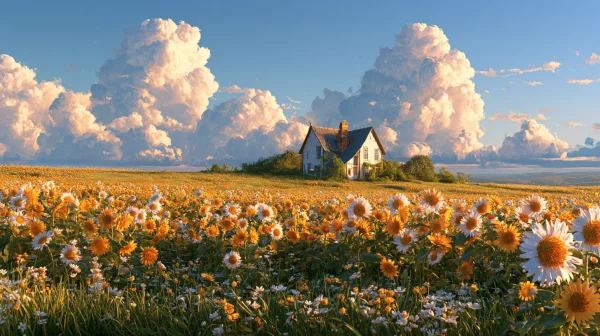 White House and Towering Clouds in a Flower Field - Flowers & Plants / Nature & Landscape wallpaper