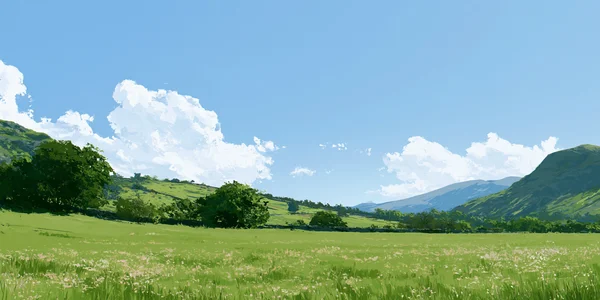 花咲く牧草地と遠い山並み - 緑 4K - 自然・風景の壁紙