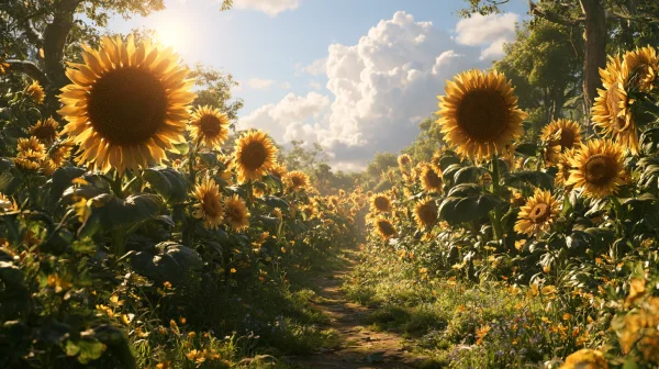 青空に向かうヒマワリの畑の壁紙 - 花・植物 / 自然・風景