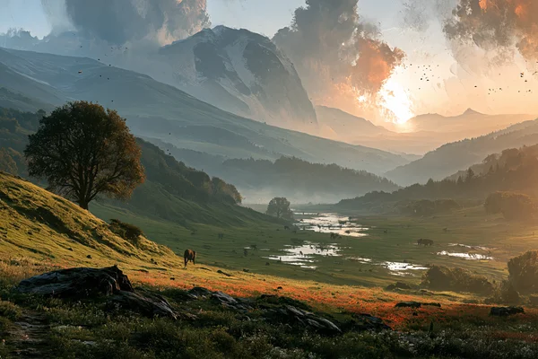 陽が沈む放牧の谷 - ゴールデンミスト - 自然・風景 / 空・星空・夕景の壁紙