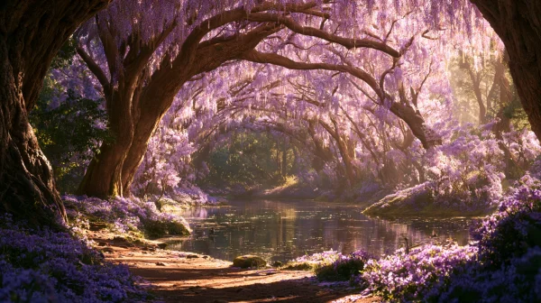 紫の花木のトンネルと静かな池の壁紙 - 花・植物 / 海・湖・水辺
