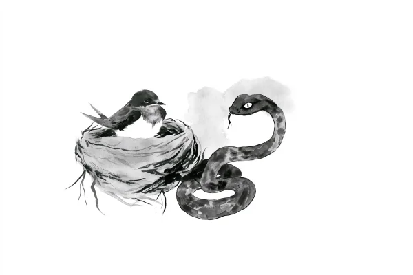 墨のにじみで描く鳥の巣と蛇の壁紙 - 動物 / かわいい