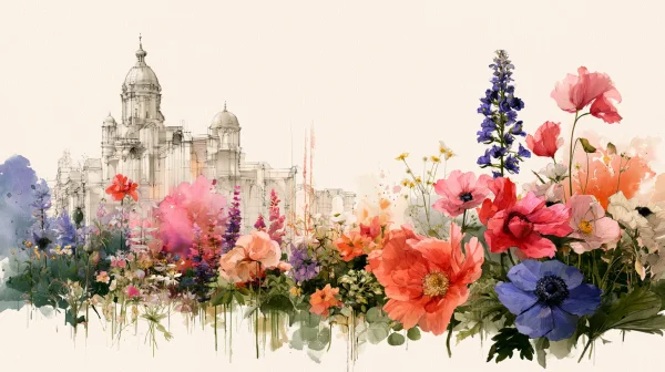 白い城下町の水彩画に咲く色とりどりの花の壁紙 - ファンタジー・宇宙 / 花・植物