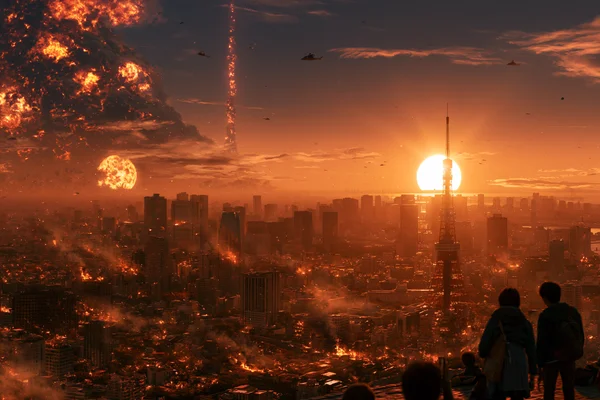 爆炎の夕焼けに立つ人影 - ファンタジー・宇宙 / 空・星空・夕景の壁紙