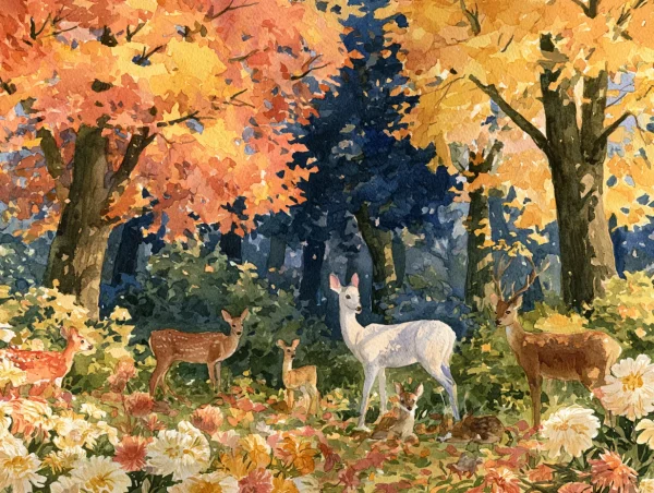 紅葉と鹿の群れ - イラスト / 動物の壁紙