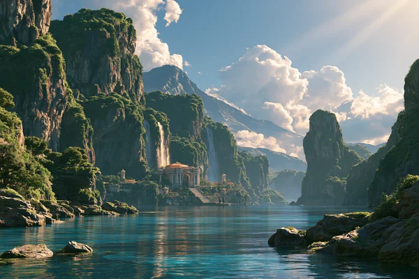 An Ancient Temple by the Turquoise Canyon Waters - Blue 4K - Heritage & Ruins wallpaper