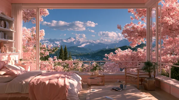 桜と雪山が見えるピンクの寝室の壁紙 - 自然・風景 / 花・植物