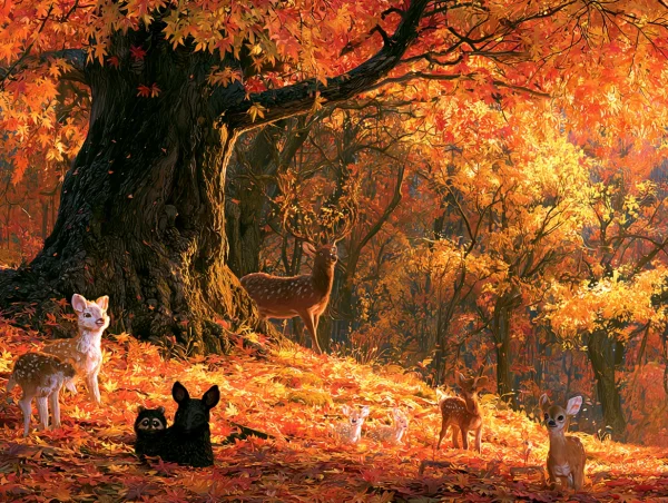 紅葉の大木とアライグマ - イラスト / 自然・風景の壁紙