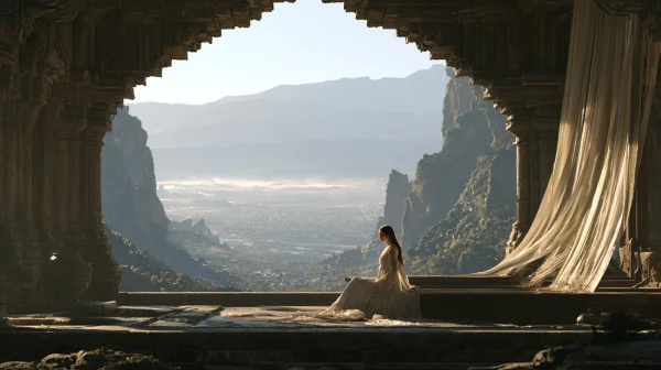 Woman Gazing at the Valley Through an Arched Window - Fantasy & Space wallpaper