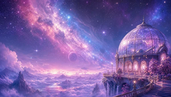 A Glass-Domed Palace Reflecting the Galaxy - Blue 4K - Fantasy & Space wallpaper