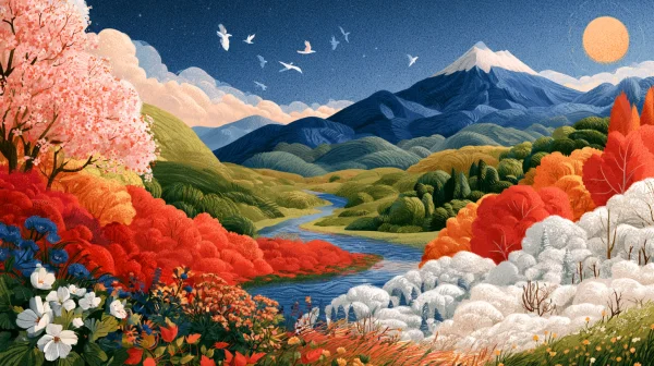 赤い花と雲がふちどる山のイラストの壁紙 - 花・植物 / イラスト