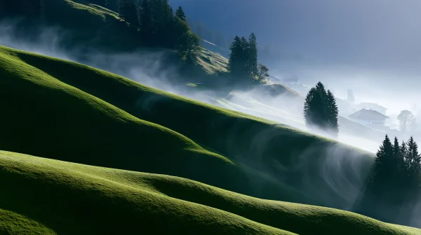 Mist Drifting over Smooth Green Hills - Nature & Landscape wallpaper