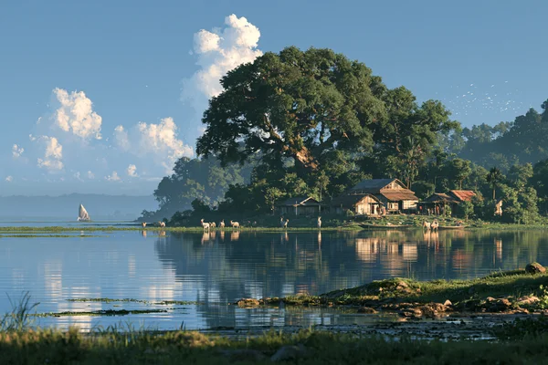 丘に囲まれた湖畔の村 - 自然・風景 / 建築・都市の壁紙