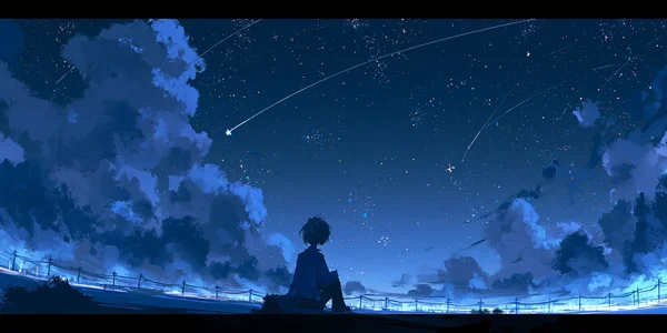 光の街を見下ろす星空の少年 - 青 4K - ファンタジー・宇宙 / 空・星空・夕景の壁紙